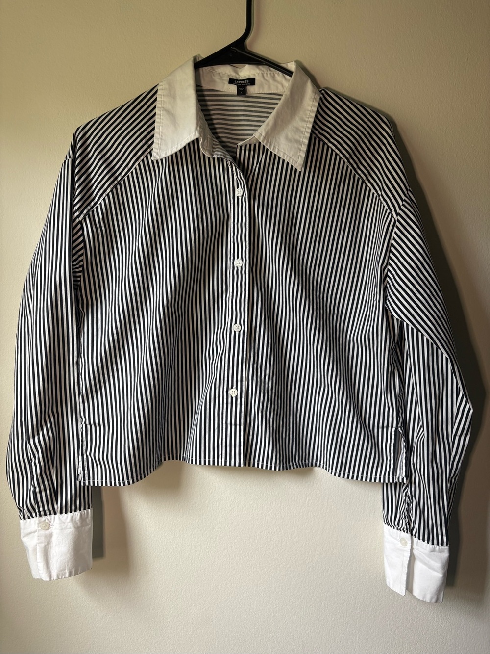 Express Boyfriend Portofino Striped Button-Up Shirt with White Collar and Cuffs